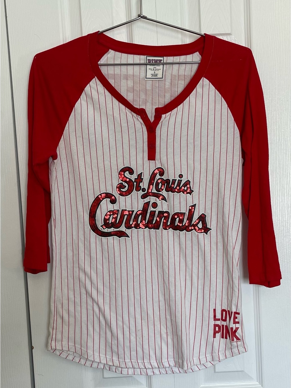 PINK Victoria's Secret Red and Pink Logo Baseball Tee